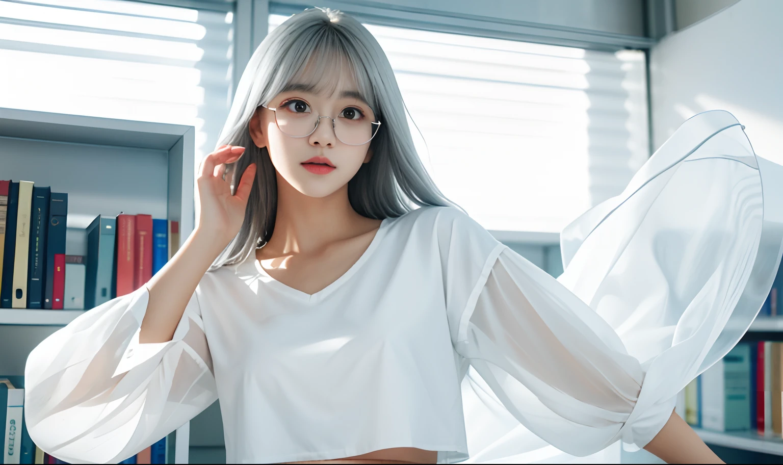 libraryai, White shirt, Women's JK skirt, Super detail, Flat chest, long whitr hair, Silver bangs two-dimensional,super detailed on face,Wear round-rimmed glasses