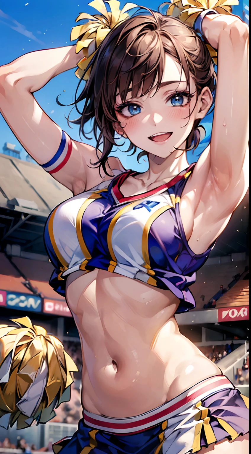 ((Best Quality, 8k, photo realistic:1.4, Masterpiece)), back Lighting, highly detailed facial textures women, 18yo, (((bule Cheerleader:1.2))), ((Stadium Background: 1.2)), arm up, ultra-detailed skin, beautiful make up, detailed eyes, smile, open mouth, shiny brown messy short hairstyles,