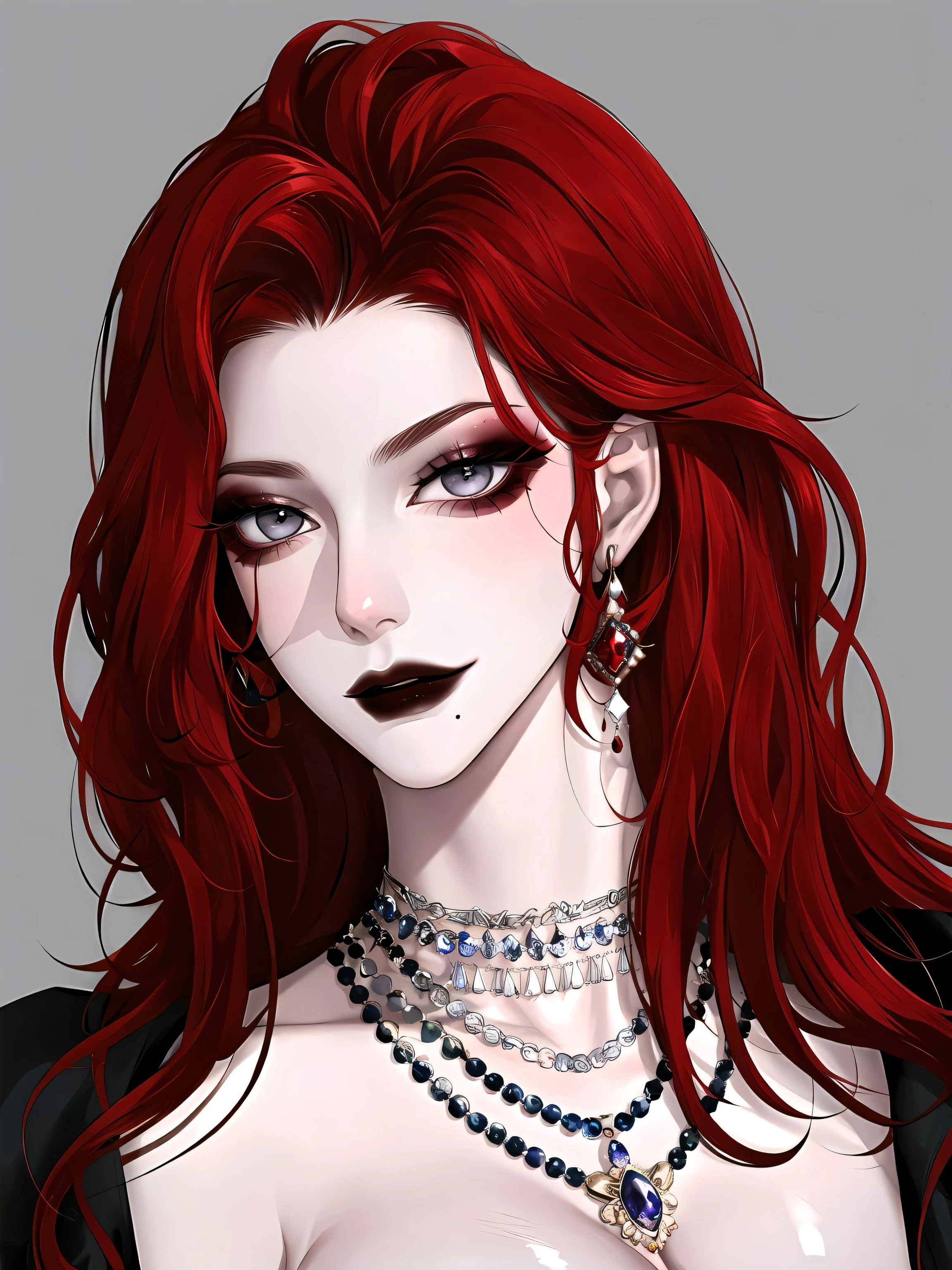 1girl, jewelry, red hair, solo, necklace, long hair, earrings, mole under mouth, red nails, petals, red lips, hair ornament, flower, black flower, pearl necklace, portrait, lipstick, makeup, grey eyes, nail polish,shiny skin, large breasts,caberuel,(mature female:1.),