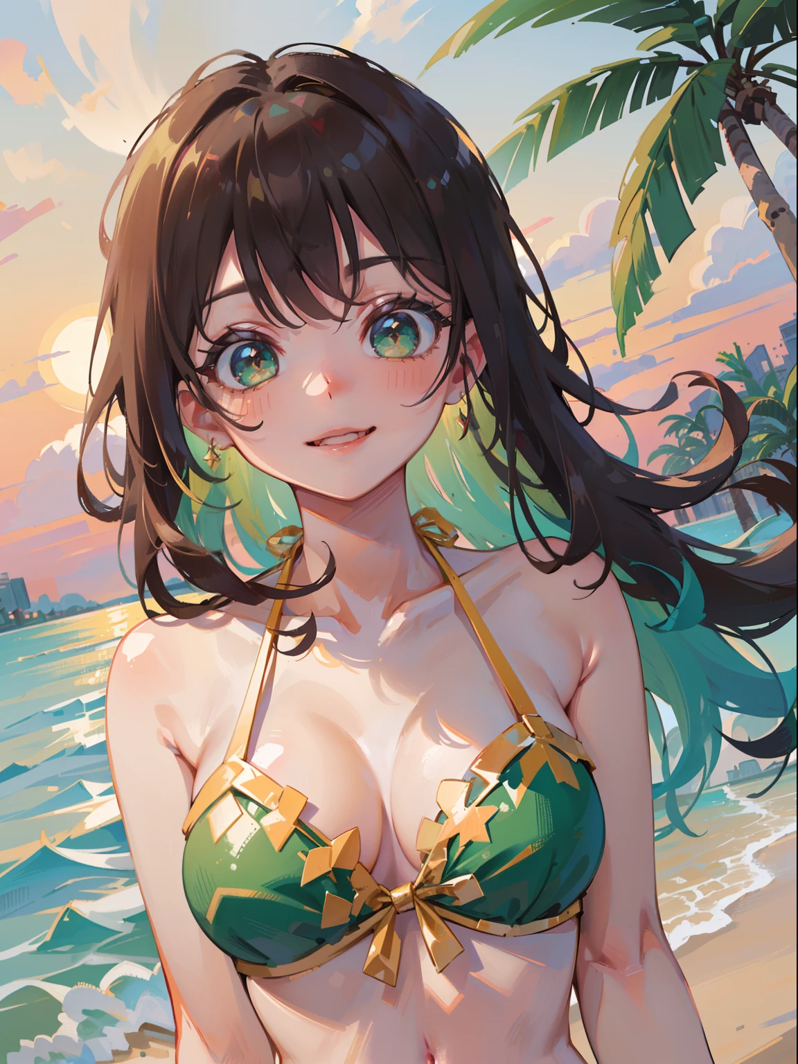 masterpiece), best quality, beautiful detailed hair detailed face, ultra high res, sharp focus, ((1 woman, solo)), perfect feminine face, upper body, medium close up, (warm pastel tone color), (at the evening time:1.5), in the beach, sand, palm tree, chesnut brown hair, ((beautiful shape eyes, green eyes)), long hair, smiles, (colorful bikini:1.2), model pose