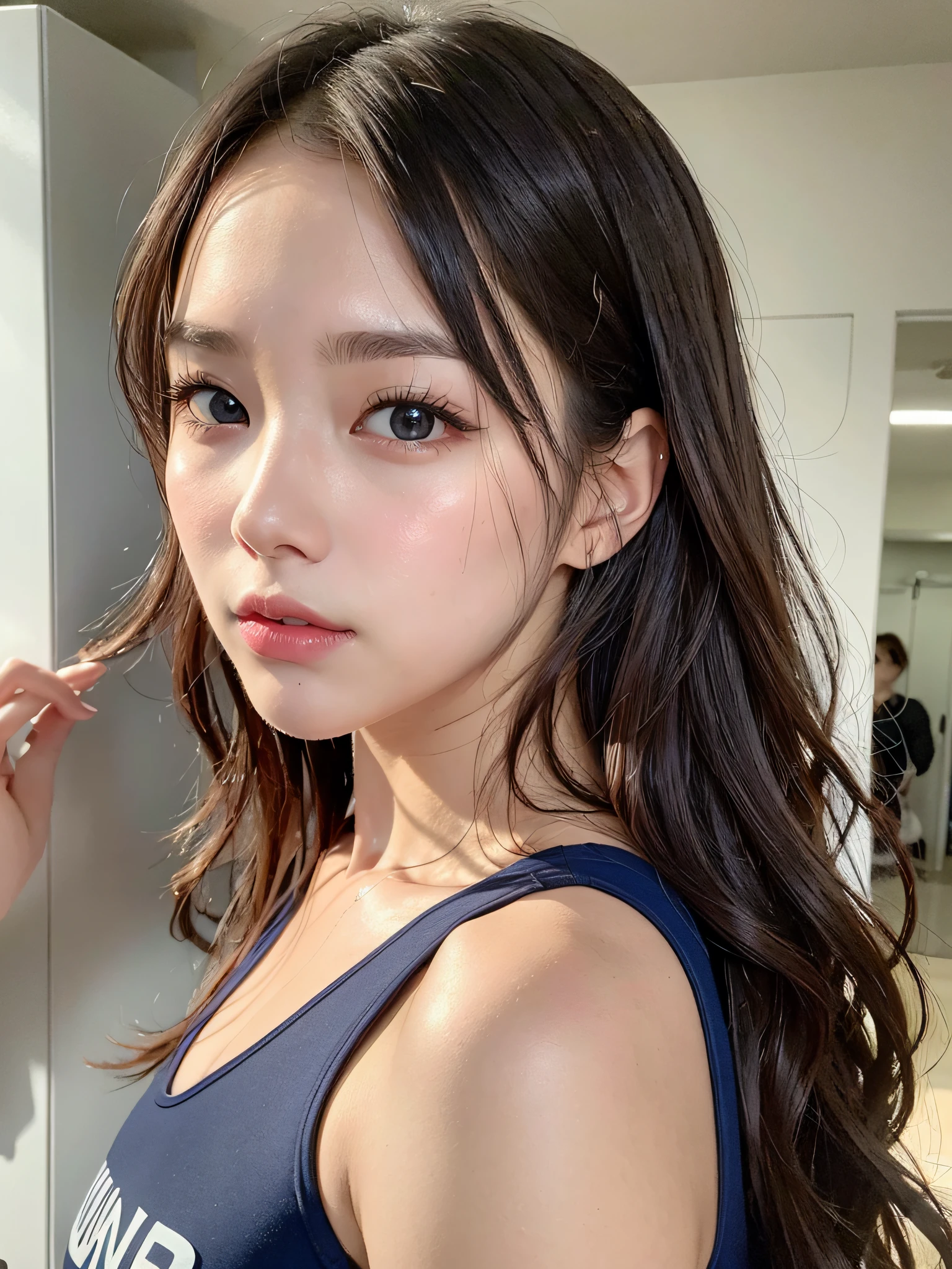 Beautiful competitive swimmers、One of the amazingly beautiful female athletes、onepiece swimsuit、Dark blue competition swimsuit、View here、muscular body:1.4,(top-quality、8K、32K、masterpiece、nffsw:1.3)、(Photorealsitic:1.4)、(The ultra -The high-definition)、(Ultra-realistic 8kCG)、Raw photography、Beautiful shadow gradient、dress room、Locker Room、Perfect litthing、Beautiful and well-groomed face、Beautiful eyes、Detailed lips、Double eyelids