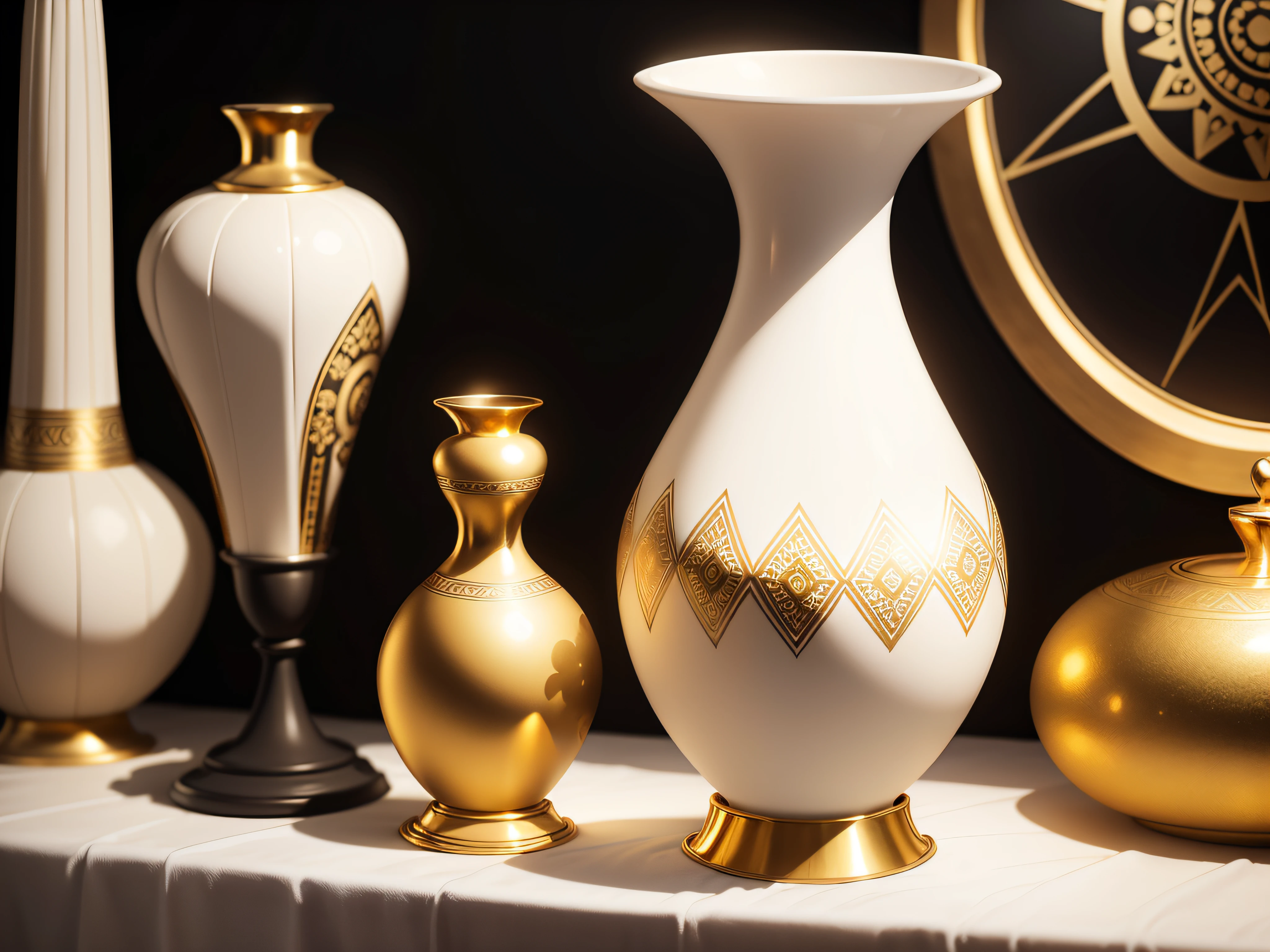 White vase with golden Aztec ornaments on a dark background, enfoque suave y minimalista.