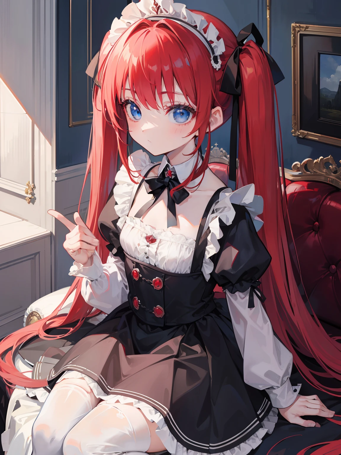 {{best quality}}, {{masterpiece}}, {{ultra-detailed}}, {illustration}, {detailed light}, red hair,blue eyes,twintails,maid, long hair, long sleeves, gothic, solo, li,liirl,cute