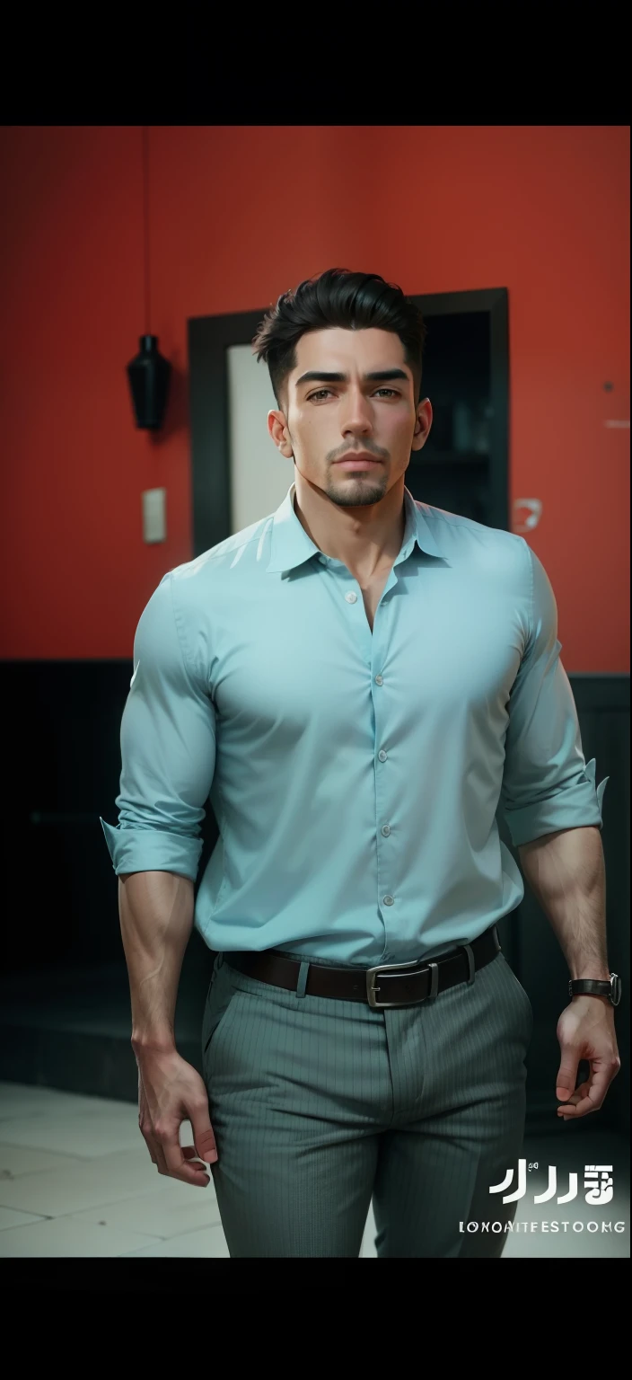 A man wearing trousers and a belt with a shirtless upper body