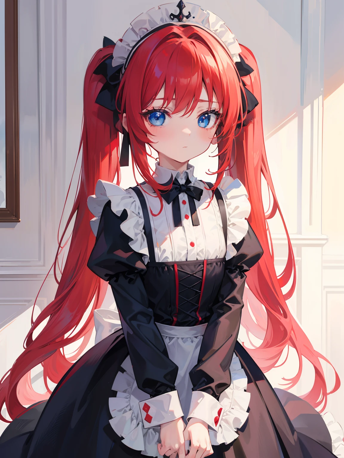{{best quality}}, {{masterpiece}}, {{ultra-detailed}}, {illustration}, {detailed light}, red hair,blue eyes,twintails,maid, long hair, long sleeves, gothic, solo, ,litte