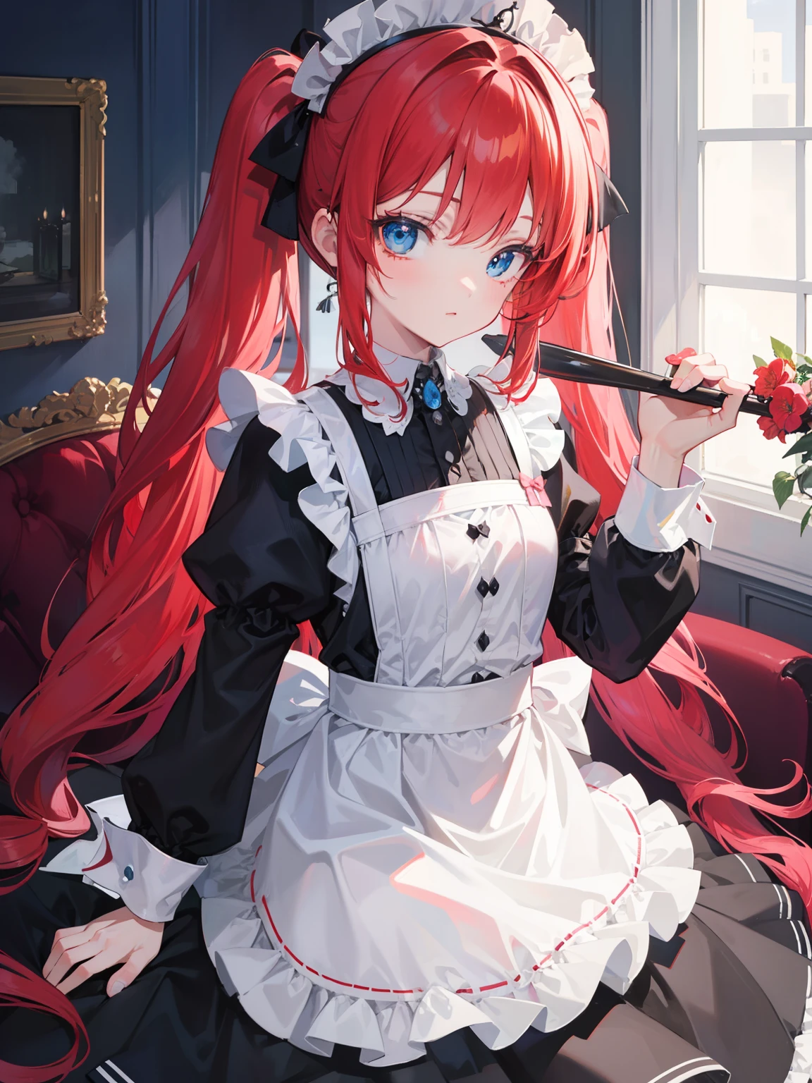 {{best quality}}, {{masterpiece}}, {{ultra-detailed}}, {illustration}, {detailed light}, red hair,blue eyes,twintails,maid, long hair, long sleeves, gothic, solo, ,litte