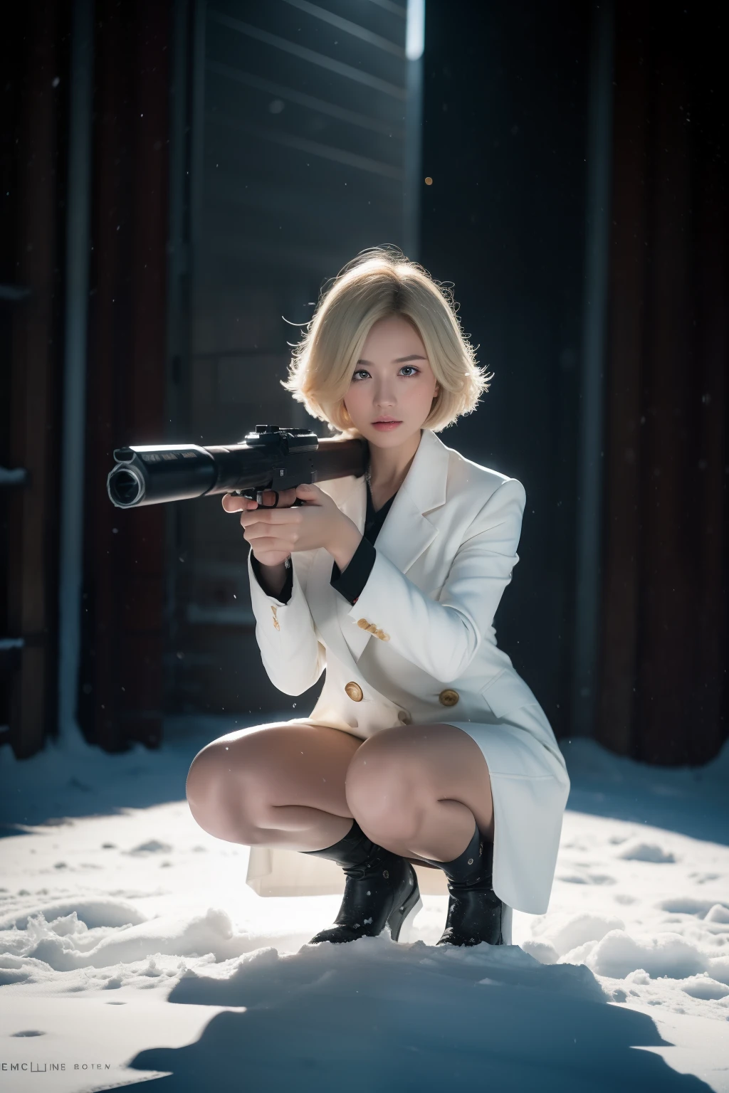 It snows during the day((Squat on one knee,Shooting status of a hand-held rifle)),Wild snow,((Masterpiece:1.2, Best quality)),Movie,offcial art,promotional art,movie wallpapers,(A blonde girl is in ), (White suit dress,Double-breasted style,White pleated skirt hem), Exposing thighs,185cm. Shot in the snow in cinematic style, The color temperature is cool,Slightly bluish tint, Convey a feeling of indifference and tension. The lighting is dramatic,There are harsh shadows and highlights, . Shot with a Sony A7R IV camera,The aperture is f/2.8, ISO 1600, a shutter speed of 1/200th of a second. UHD dtm HDR 8k.