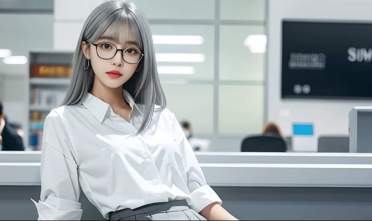 libraryai, White shirt, Women's JK skirt, Super detail, Flat chest, long whitr hair, Silver bangs two-dimensional,super detailed on face,Wear round-rimmed glasses