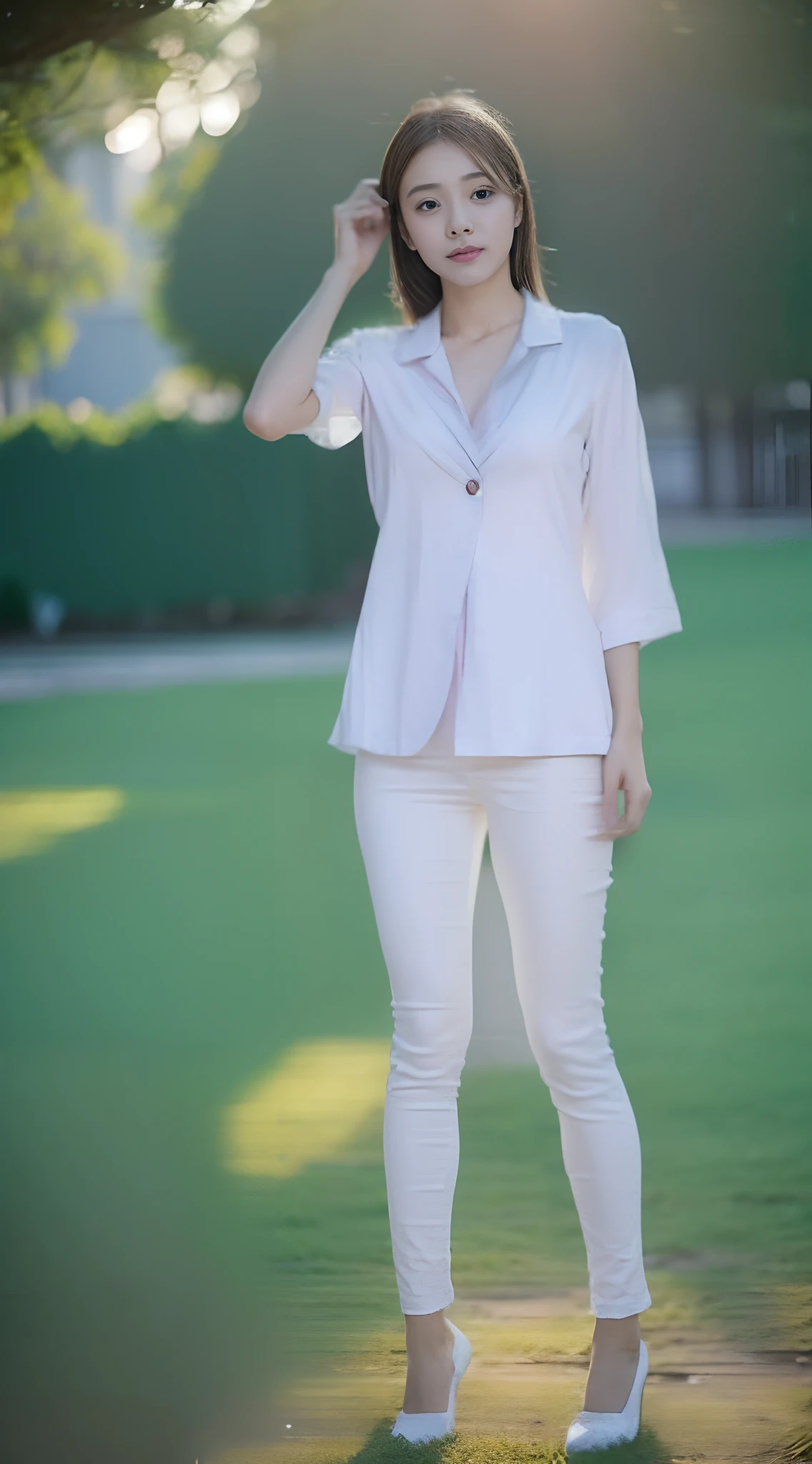 1 beautiful woman taking pictures on the grass of the villa，RAW photos，tmasterpiece，（highdetailskin：1.2），8k ultra high definition，digital SLR camera，gentlesoftlighting，high high quality，filmgrain，富士XT3，20 years old Asian woman，Wear simple clothes，（White long nurse uniform:1.2 and long skinny jeans:0.7，Detailed clothing details:1.3），perfect body figure，Perfect breasts and nipple bulge，The legs are straight and slender，Branded stylish shoes:0.6，Super detailed facial details and skin，Fair pink face and skin，The skin is pink，with light glowing，二重まぶた，Super detailed eyes，(Gloss on lips, eyeslashes, Glossy face, Best quality, Super high resolution, warm color，Wide lighting, naturalshadow), taken from behind，Show off your beautiful figure， Full body shooting: 1.8