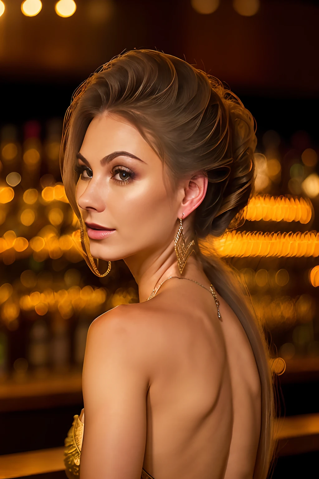 portrait photo of beautiful woman hair updo upsweep nightclub sitting at bar (masterpiece) (best quality) (detailed) (8k) (HDR) (wallpaper) (cinematic lighting) (sharp focus) (intricate)