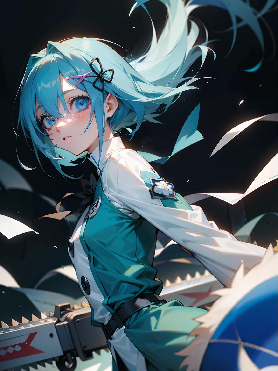 garota de cabelo azul, com um uniforme com gravata, detalhada, olhos azuis, rem, re:zero, com os cabelos da makima de chainsaw man, Takashi Fujimoto