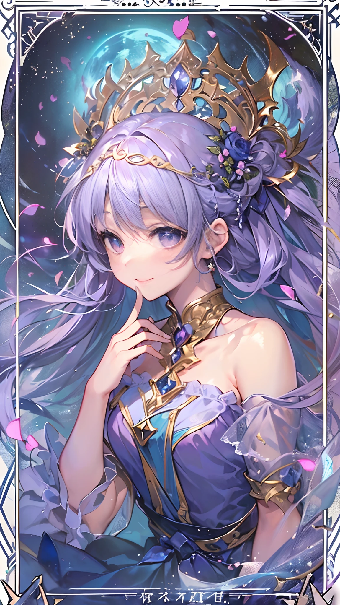 (((masterpiece)))、(((top-quality)))、((ultra-detailliert))、(illustratio)、((extremely delicate and beautiful))、dynamic ungle、A smile、floating、Light purple hair、(beatiful detailed eyes)、(Detailed light) (1girl in)、独奏、floating_hair、radiant eyes、Twin-tailed、Purple Holter Dress、Adan、Tarot Cards