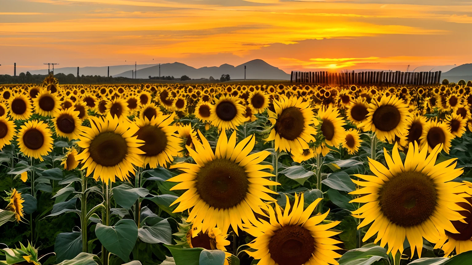 There are many sunflowers in the field against the background of the setting sun, Sunflower field, sunflowers fields, sunflowers, Colors : yellow sunflowers, Colors: yellow sunflowers, Scene: Sunflower field, Scene : Sunflower field, sunflowers in the background, Vibrant and vivid, Crystalline sunflower, suns, floral sunset, by Kathleen Scott, during golden hour, flower  field, summer setting