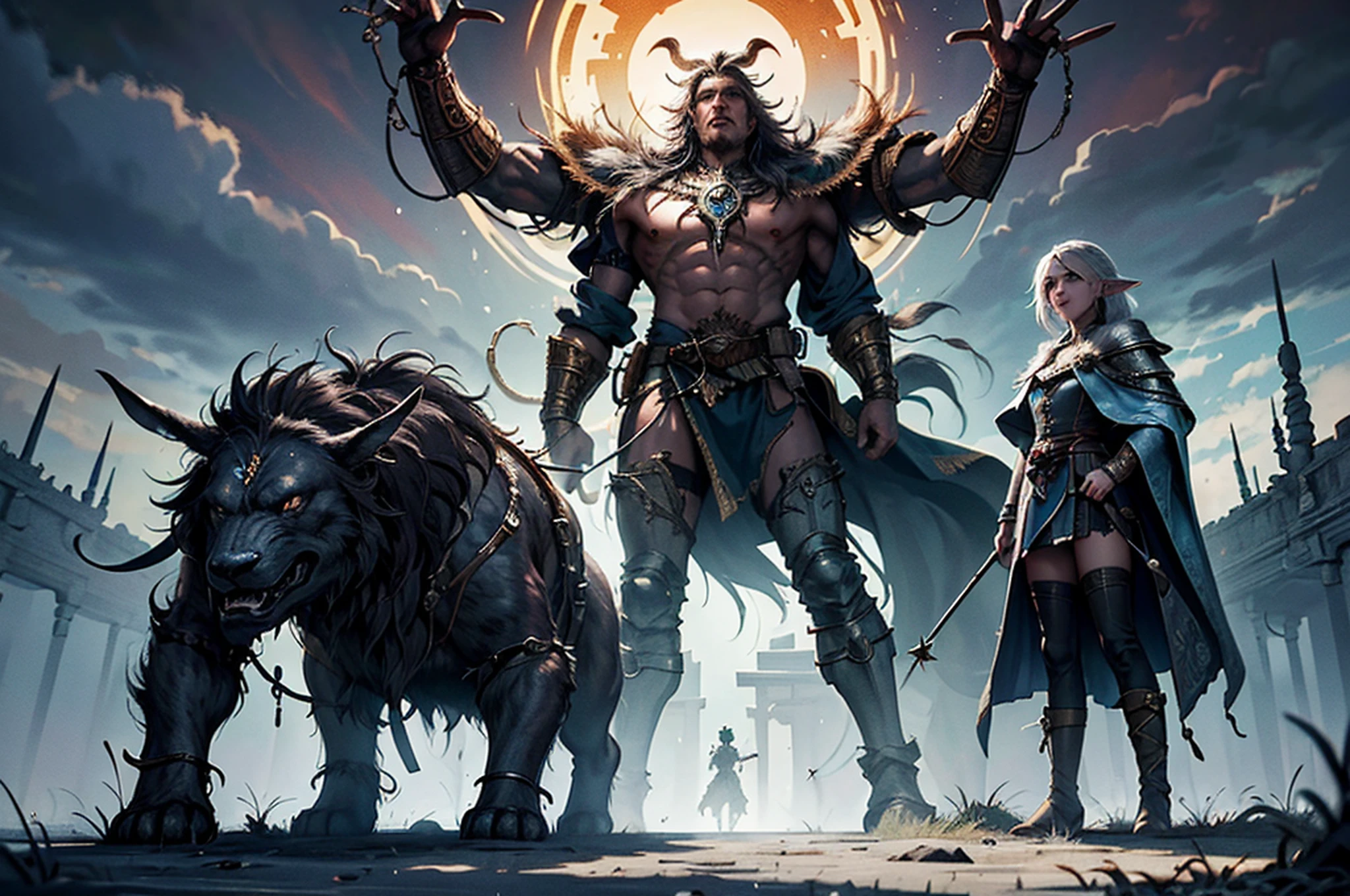 ((Best quality)), ((masterpiece)), (highly detailed:1.3)3D,tanjoreai , Amid a realm of enchantment and mythical wonders, tales of (heroes:1.1) and (heroines:1.2) unfold. In this realm, ancient prophecies predict the rise of a chosen champion destined to face a malevolent force that threatens to plunge the world into eternal darkness. The road to victory is spread across exotic and otherworldly landscapes, from mist-shrouded forests to towering crystalline peaks and (ethereal floating islands:1.1). Taking advantage of the arcane arts, (mighty wizards:1.1) conjure spells that weave intricate patterns of magic, while (elven archers:1.1) release arrows infused with ancient power. (Dwarven blacksmiths create legendary weapons:1.1) imbued with the essence of mythical creatures, capable of defeating even the most formidable enemies. The heroes embark on a dangerous mission, guided by ancient scrolls and enigmatic puzzles. Along their journey, they encounter wise mystics, shape-shifting creatures (mysterious sorceresses:1.1) who possess forbidden knowledge. As the heroes traverse the kingdoms, ancient ruins and forgotten temples reveal long-lost secrets and powerful artifacts. The clash of steel and the crackle of (magical energies:1.1) echo across ancient battlefields as the fate of the world hangs in the balance. Heroes must summon unwavering courage, unwavering unity, and unlock their true potential to overcome seemingly insurmountable odds and fulfill their heroic destinies. In this realm of high fantasy, where the realms of magic and technology intertwine, where legends are born and (epic:1.2) sagas unfold, where heroes rise and villains fall, embark on a grand adventure that will captivate the imagination and transport you to a world where anything is possible, HDR (High Dynamic Range), Ray Tracing,NVIDIA RTX, Super-resolution, Unreal 5, subsurface scattering, textur