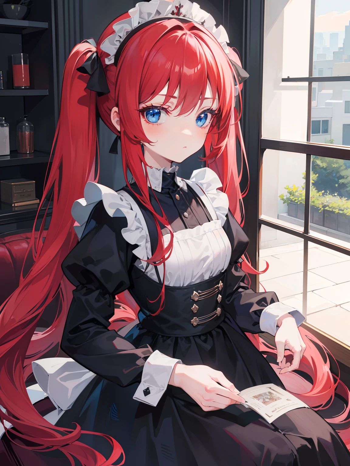 {{best quality}}, {{masterpiece}}, {{ultra-detailed}}, {illustration}, {detailed light}, red hair,blue eyes,twintails,maid, long hair, long sleeves, gothic, solo, ,litte