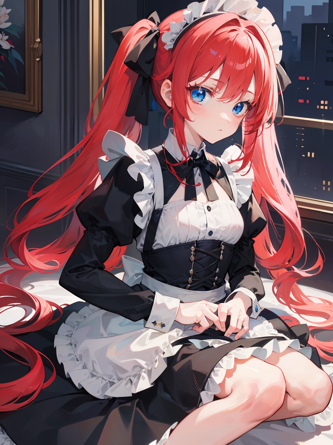 {{best quality}}, {{masterpiece}}, {{ultra-detailed}}, {illustration}, {detailed light}, red hair,blue eyes,twintails,maid, long hair, long sleeves, gothic, solo, loli,little girl,cute