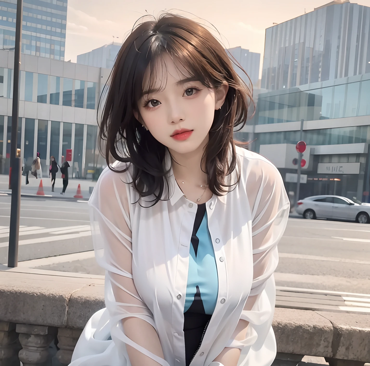One guy，(8K, RAW photo, Photorealistic:1.25) ,( Gloss on lips, eyeslashes, gloss face, Glossy glossy skin, best qualtiy, 超高分辨率, depth of fields, color difference, Caustics, Wide light, naturalshadow, Kpop idol)Sit down at dusk，big white legs，European style，raincoat，big assa，huge tit，huge tit，huge tit，Exposed breasts，Dress revealingly，sliver long hair，Raised sexy