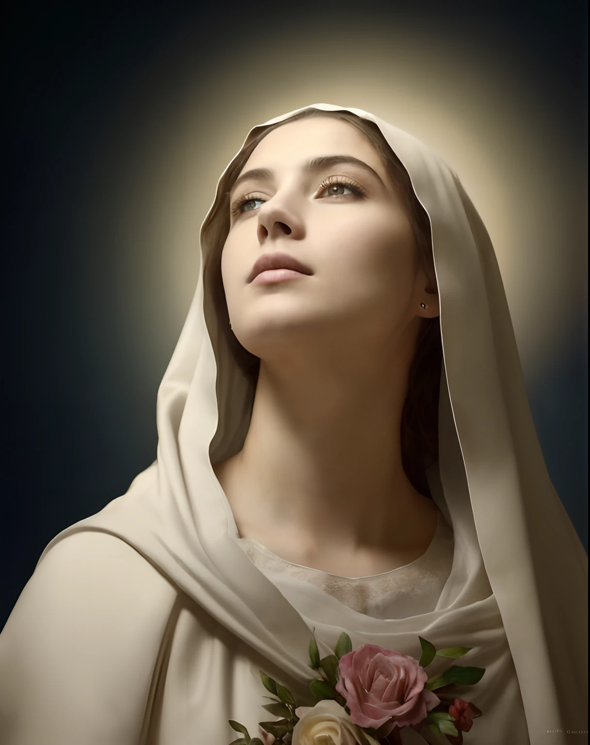(((Saint Virgin Mary. 19 years old))) ((( Con una cara seria y piadosa. Con una mirada dulce y tierna))) (obra maestra, calidad superior, mejor calidad, arte oficial, beautiful and aesthetic: 1.2), (1girl), extremadamente detallado, (Arte fractal: 1.3), colorido, highest detailed, Cara perfecta, parte superior del cuerpo, HDR, (orando: 1.3), (golden lines of white coat: 1.2), galaxia, (rayas de luz), eye-catching visuals, (dynamic stripes, senderos luminosos: 1.2), colores vibrantes,