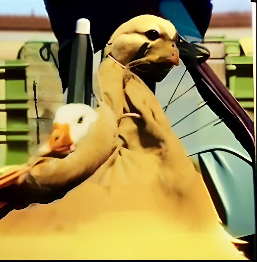 There was a duck sitting in a bag on the ground, video still, subject= Duck, scene from a 1 9 7 3 film, 1 9 7 0 s film, 1943, ryan gosling fused with a goose, screenshot from the 1983 film, donald duck in real life, 1 9 4 4, 1944