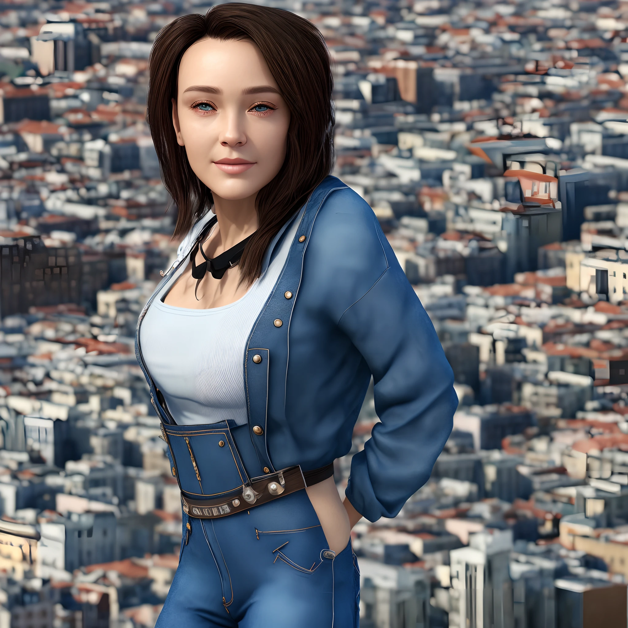 ((midynight, Need, 8k, tmasterpiece:1.3)), full bodyesbian, Long legs, Focalors:1.2, perfect figure beautiful woman:1.4, Slim abs:1.1, ((Dark brown hair, huge tit:1.2 )), (white tight t-shirt, Denim suspenders, standing on your feet:1.2), ((city night scene, the roof:1.3)), Highly detailed facial and skin texture, A detailed eye, Double eyelids realistic