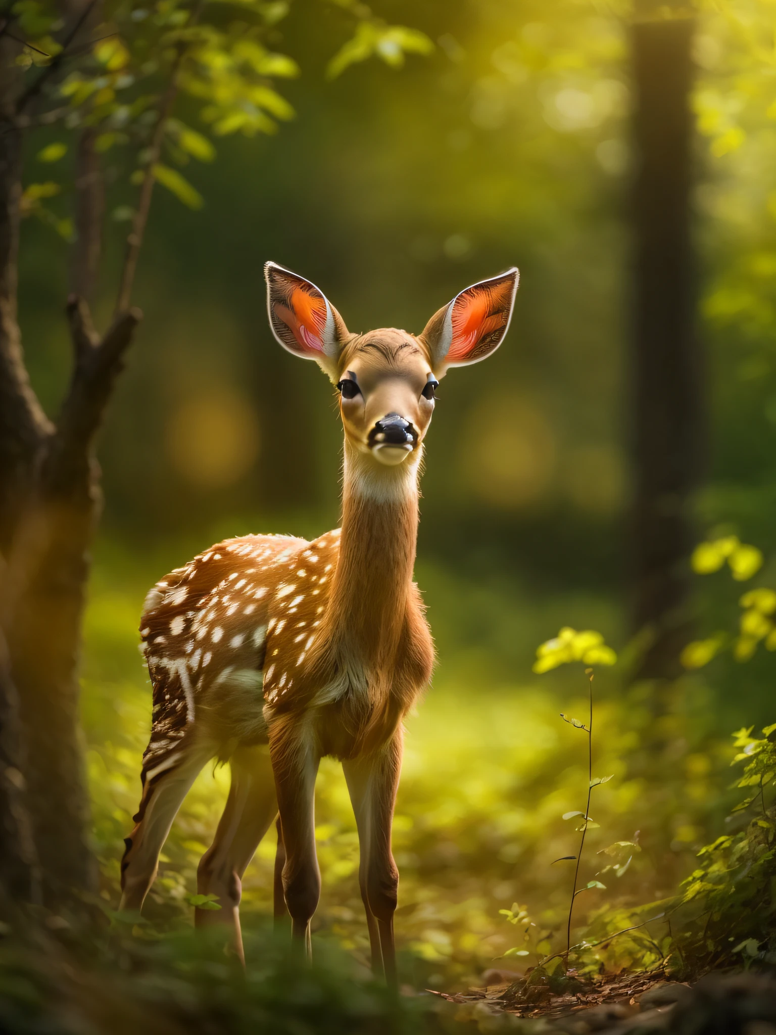 Photo of one fawn、Detailed children's deer、Spectacular realistic photos、in woods、A lot of beautiful flowers、forest trees々、Sunlight、depth of fields、blurry backround、The tree々Add depth to the image with a backlight effect that allows sunlight to pass through、