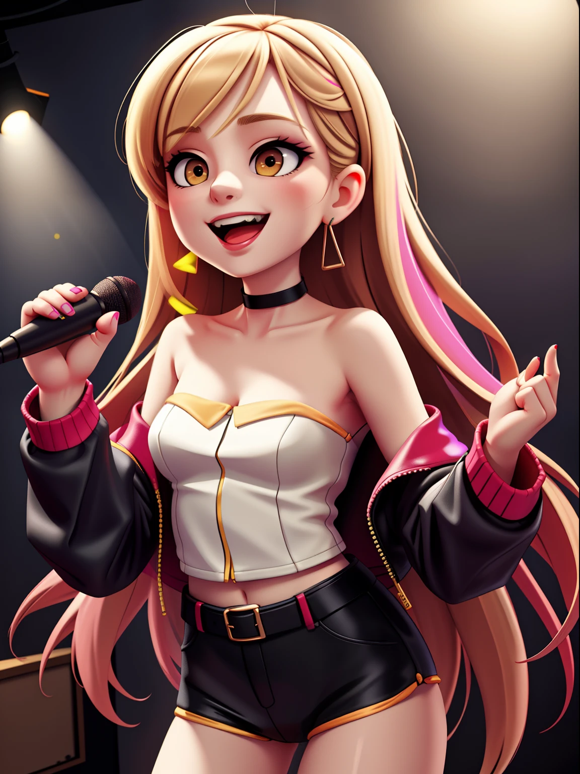 masterpiece,best quality, high resolution, extra detailed, 1girl synthesizervmai, singing ,smile, holding a mic, dynamic angle, recording studio