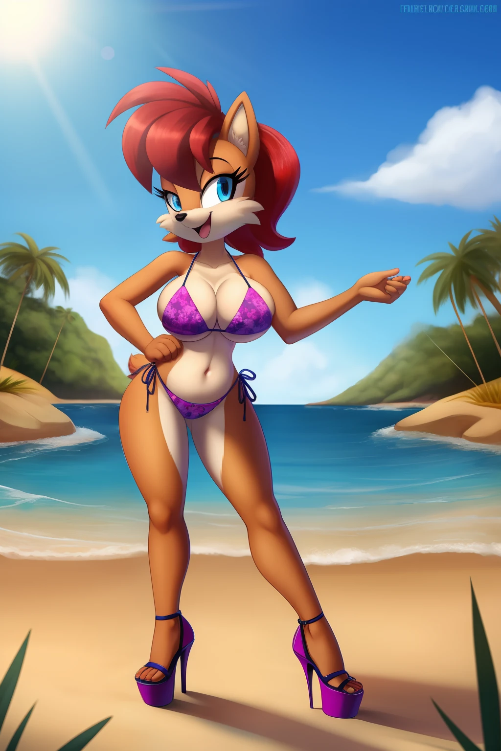 1girl, solo, breasts, smile, bangs, blue eyes, large breasts, navel, animal ears, cleavage, bare shoulders, closed mouth, standing, collarbone, tail, swimsuit, full body, bikini, red hair, outdoors, sky, day, shiny, artist name, cloud, hand up, water, stomach, blurry, arm up, tree, blue sky, side-tie bikini bottom, ocean, watermark, beach, happy, grass, web address, furry, sand, furry female, horizon, (pink bikini), body fur, pigeon-toed, white fur, animal nose, brown fur, two-tone fur, Sally Acorn, strappy heels, cross-laced footwear, high heels, stiletto heels, ankle lace-up