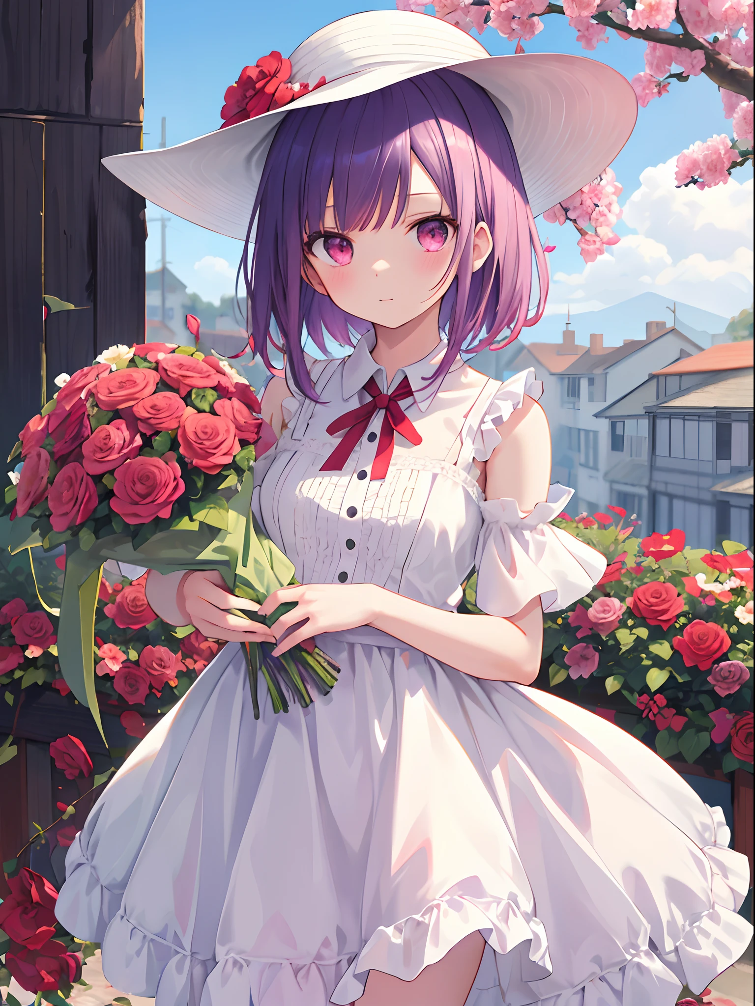 ((masutepiece, Best Quality)), 1girll, flower, Solo, Dress, Holding, skyporn, cloud, hat, Outdoors, Bangs, bouquet, Rose, deadpan, blush, Purple hair, flower  field, Red flower, Pink eyes, White Dress, view the viewer, Medium hair, holding flowers, Small breasts, Red Rose, holding flower bouquet, Sun hat, Black overwear, depth of fields,