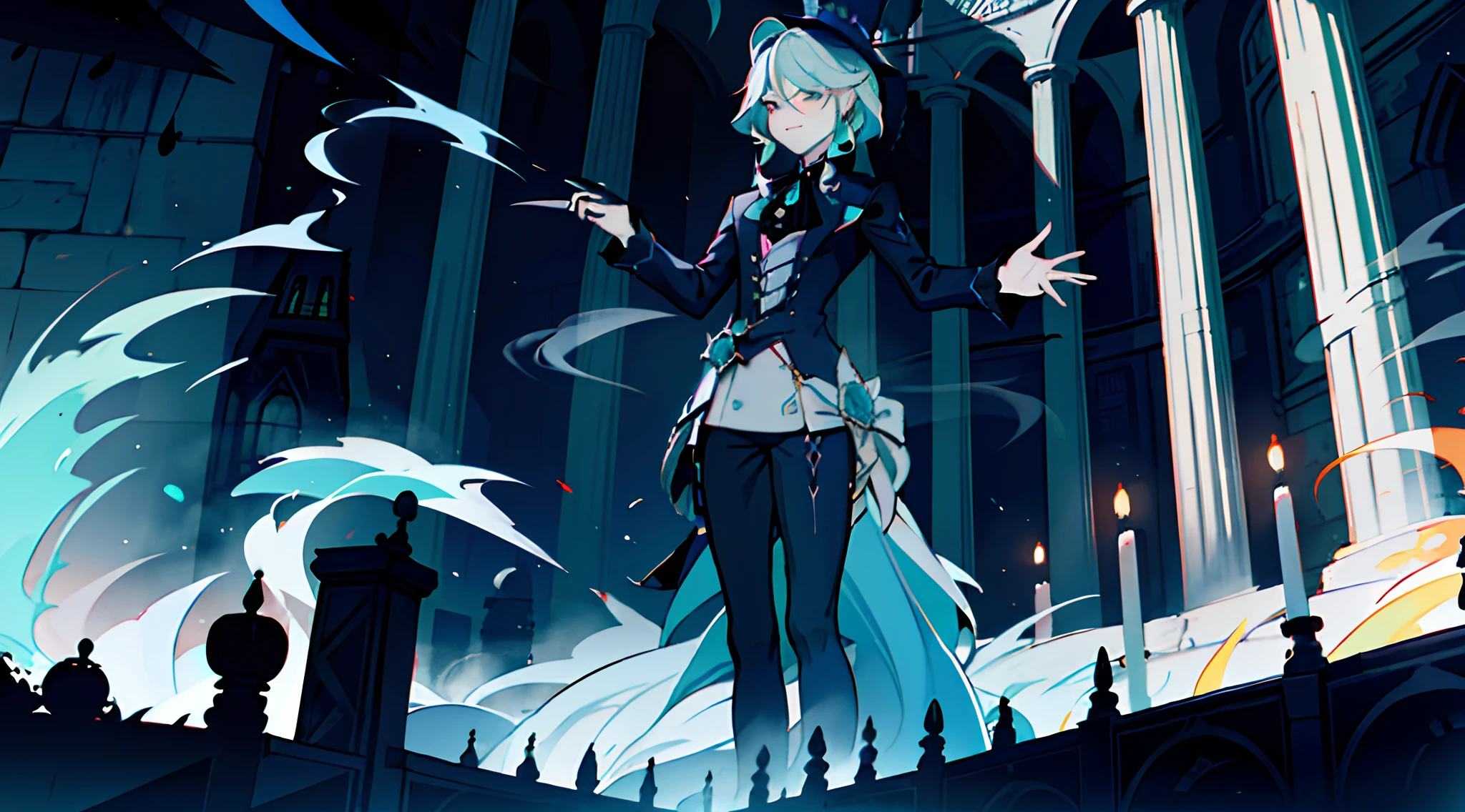 Focalors, Majestic posture, Gothic courtyard, in fire and smoke, night time, Turquoise fog, absurdress, hight resolution, Ultra-spicy, 8K, Masterpiece
