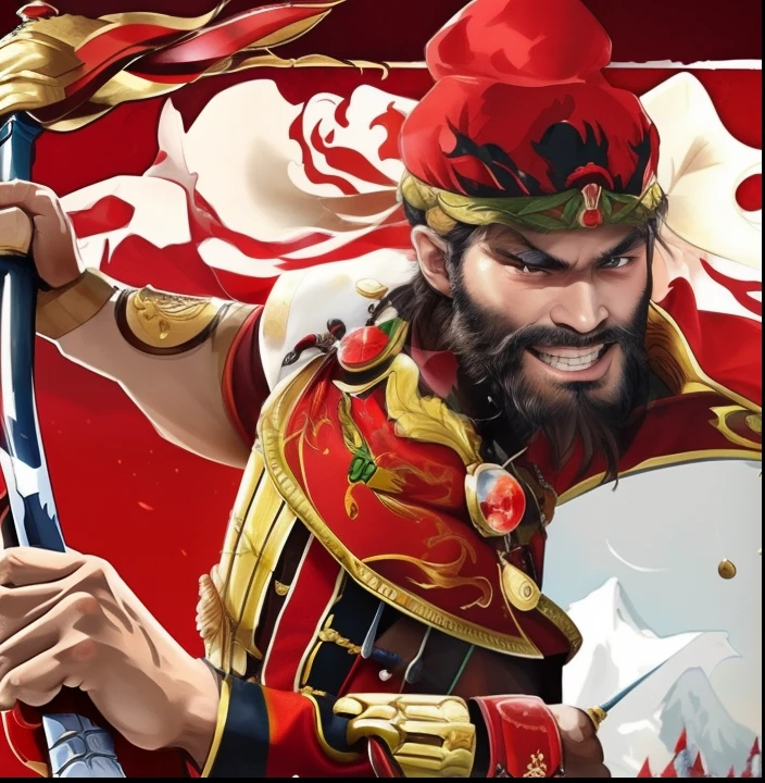 Close-up of bearded man with sword and red hat、Mountain scenery
