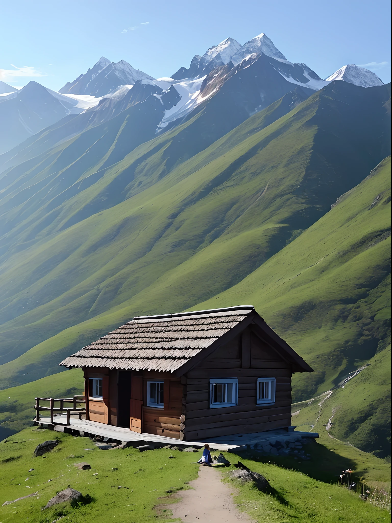 Beautiful mountain view，The  girl is going up the mountain，There is a small hut