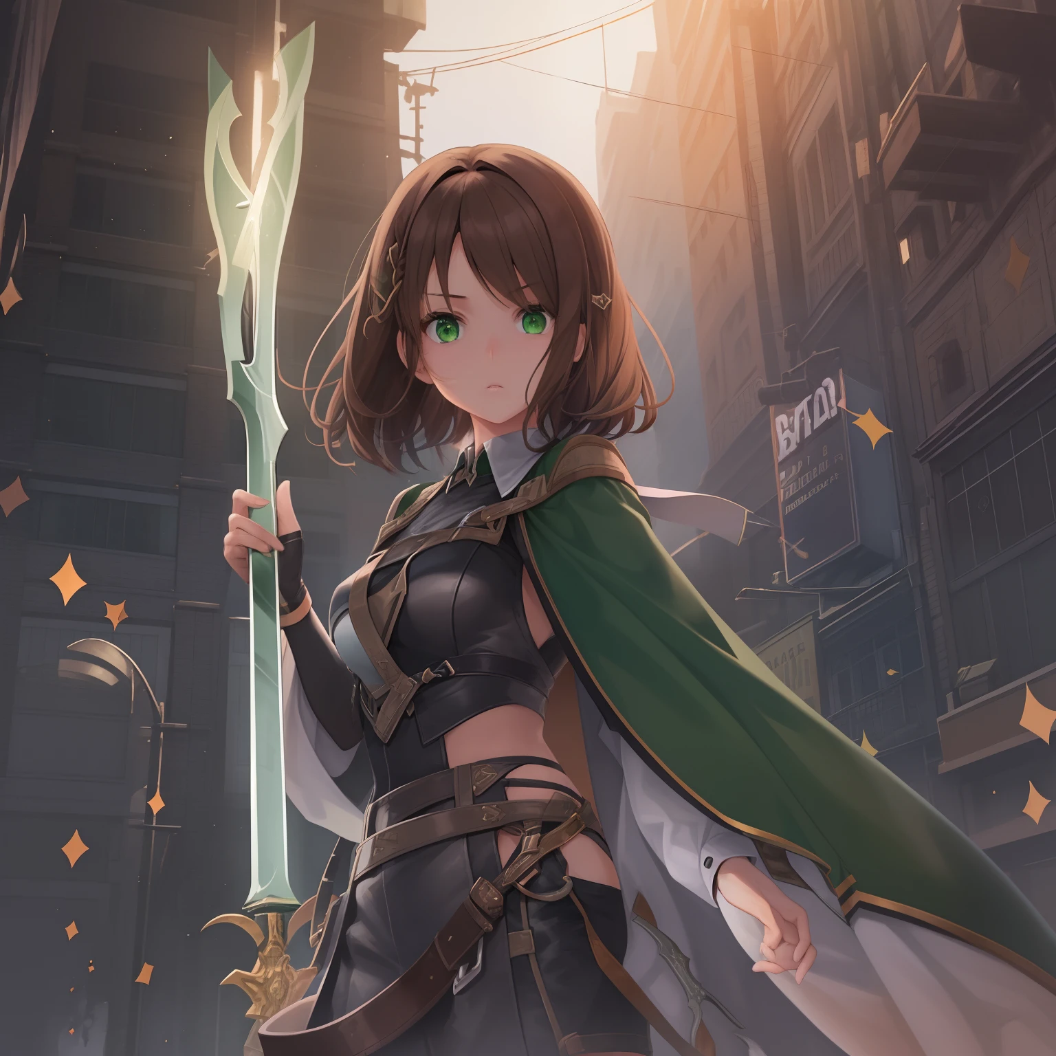 A girl, Brown hair, Green eyes, stands next to Blade