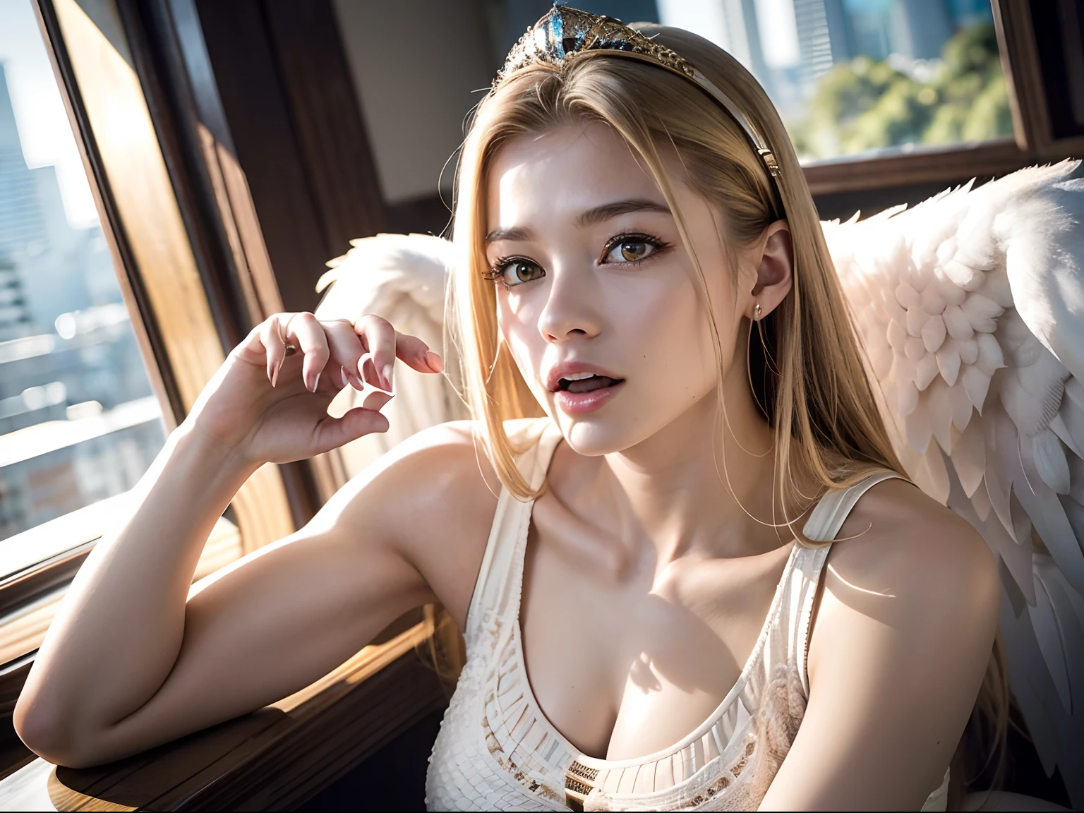 Ultra-detailed complex 3D rendering of the face, (Colossal: 8.8), (masterpiece, top quality, octane rendering, 8K), glamour shot full body image, cleavage, (highly detailed skin: 1.2), (exposure: 1.1), (blonde), (wearing a plummet tank top of gold silk: 1.5)), blonde hair, beautiful Caucasian woman with full soft breasts and white skin, one with big ass, long braided hair, big breasts, dynamic angle, mystical expression, ultra-realistic photography, (((((portrait))), bare feet, futuristic city background, facial muscles, detailed and beautiful queen tiara, in the style of Marvel Comics, clear focus, studio photography, intricate details, highly detailed, detailed yellow eyes, sharp focus, digital rendering, professional, abs, ((((sexy pose))), natural jungle, open mouth lightly, mansle, open crotch, seductive look, angel ring, detailed angel wings, angel ring, detailed mouth inside,