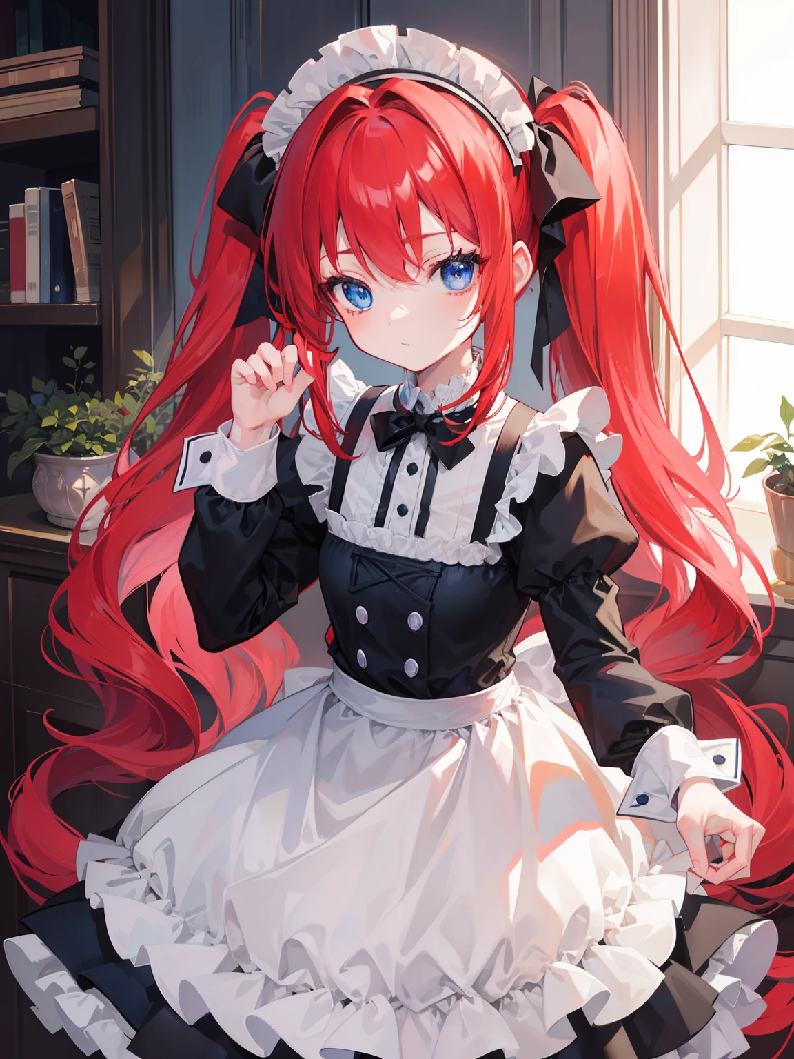 {{best quality}}, {{masterpiece}}, {{ultra-detailed}}, {illustration}, {detailed light}, red hair,blue eyes,twintails,maid, long hair, long sleeves, gothic, solo, ,litte