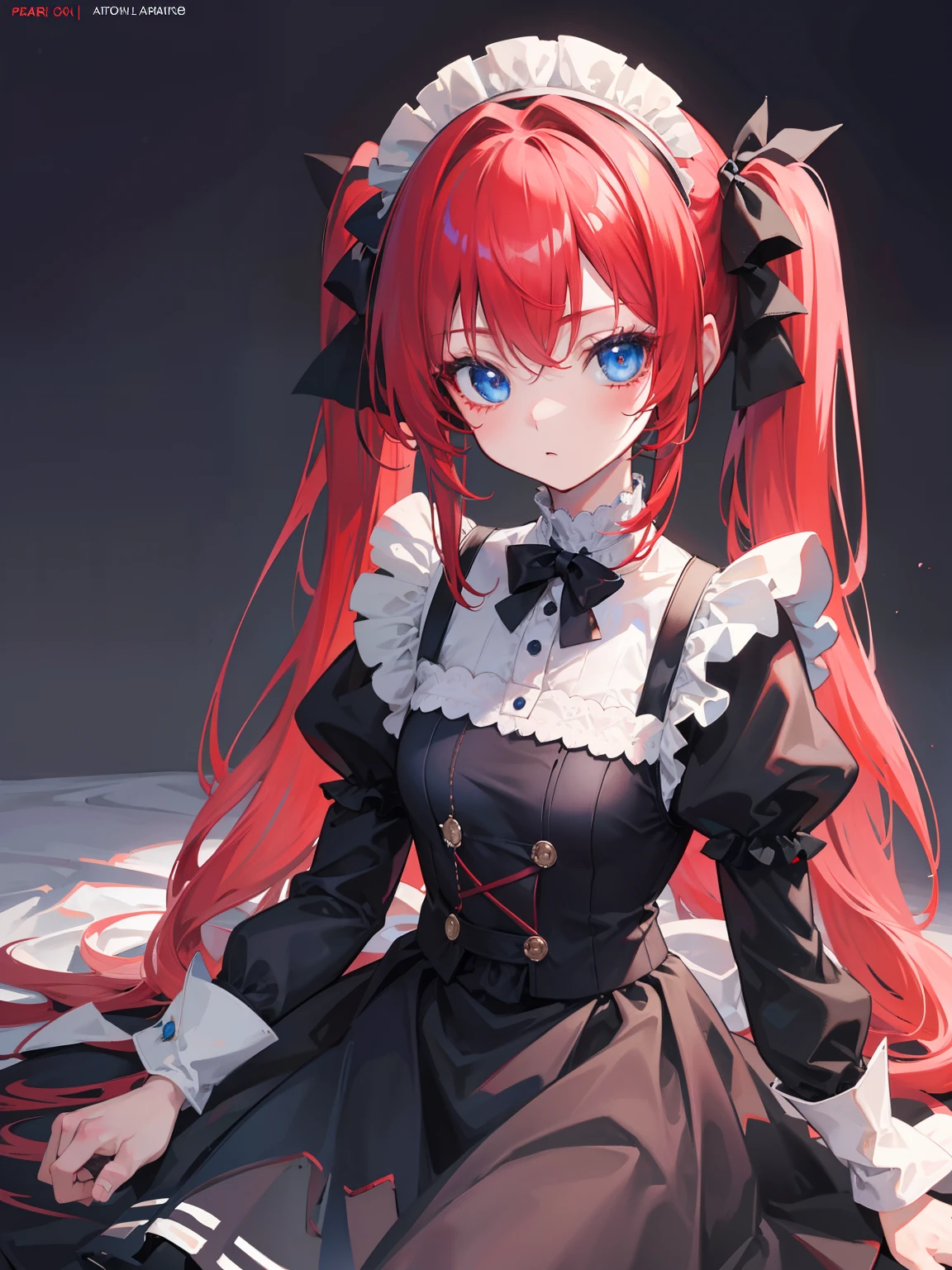 {{best quality}}, {{masterpiece}}, {{ultra-detailed}}, {illustration}, {detailed light}, red hair,blue eyes,twintails,maid, long hair, long sleeves, gothic, solo, loli,little girl,cute