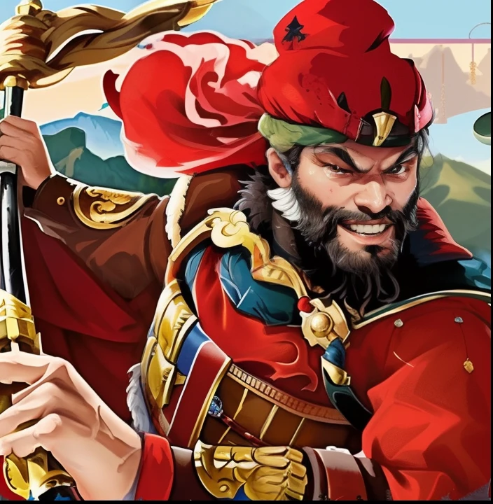 Close-up of bearded man with sword and red hat、Mountain scenery