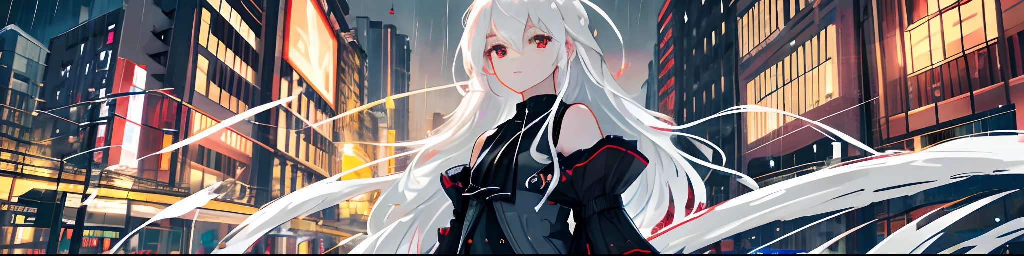 masterpiece, best quality, extremely detailed, cinematic lightning, intricate detail, highres, official art, finely detailed beautiful face and eyes, high resolution illustration, 8k, depth of field, bokeh, solo, 1girl, a girl with white hair and red eyes, long white hair, beautiful red eyes, beautiful landscape, rainy city, upper body, looking at viewer, close up