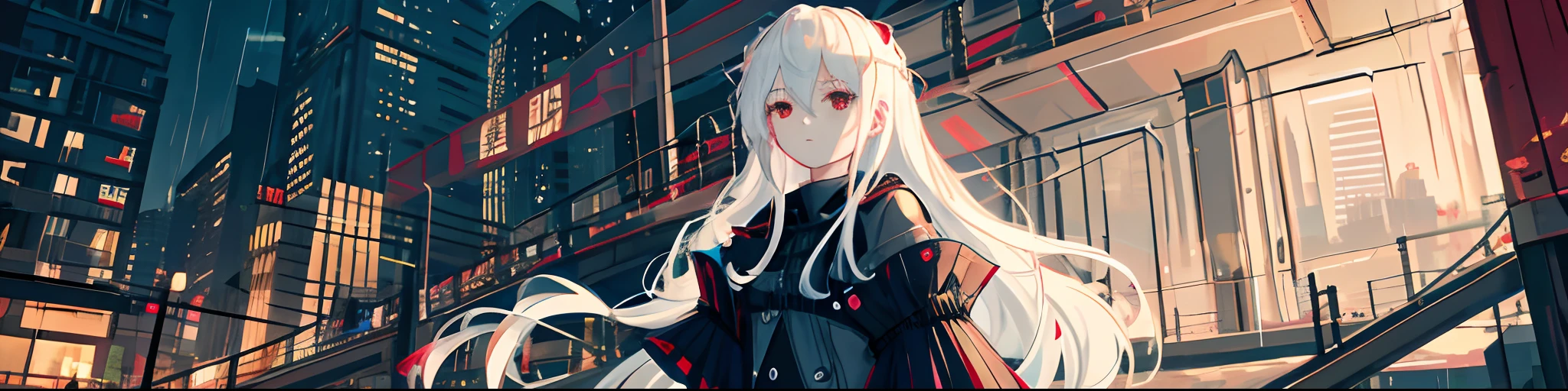 masterpiece, best quality, extremely detailed, cinematic lightning, intricate detail, highres, official art, finely detailed beautiful face and eyes, high resolution illustration, 8k, depth of field, bokeh, solo, 1girl, a girl with white hair and red eyes, long white hair, beautiful red eyes, beautiful landscape, rainy city, upper body, looking at viewer, close up
