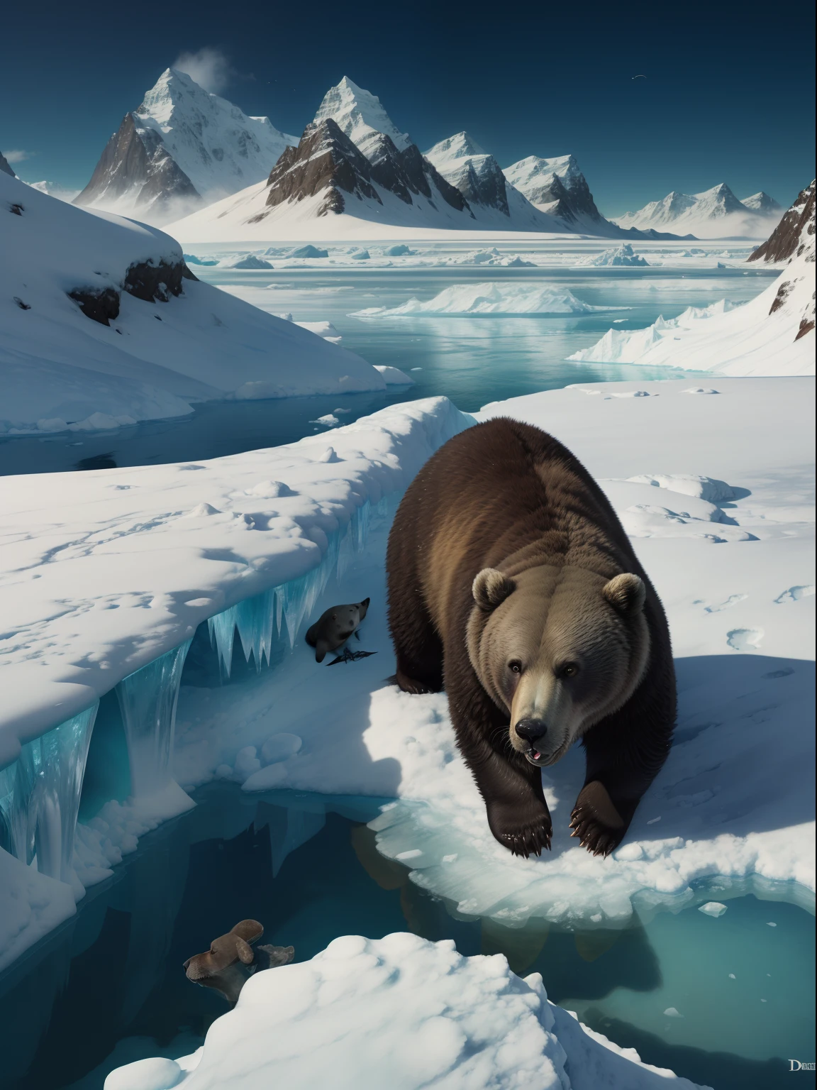 Professional photorealistic artwork of a Grizly Bear search for food at the top of Ice Berg in Arctic sea, hunting seal, salmon in it's mouth, masterpiece hyper realistic fantasy art by Don Lawrence, sharp focus, insanely detailed and intricate, hyper maximalist, Professional color grading by Kenneth Hines Jr., centered