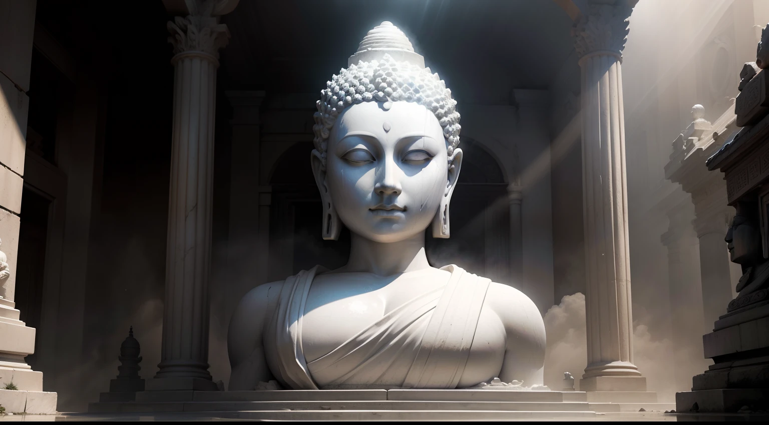 "Marble sculpture portrait of Buddha's face in front of a partially destroyed ancient Buddhist temple. (Buddha has serene and enlightened features, com cabelos encaracolados e vestes tradicionais.) The sculpture is illuminated by rays of light that create a strong contrast with the shadows of the ruined temple in the background. The scene conveys the resilience and timelessness of the Buddhist teachings on enlightenment. The image has epic cinematography and lighting in monochromatic tones, como uma fotografia profissional em preto e branco."