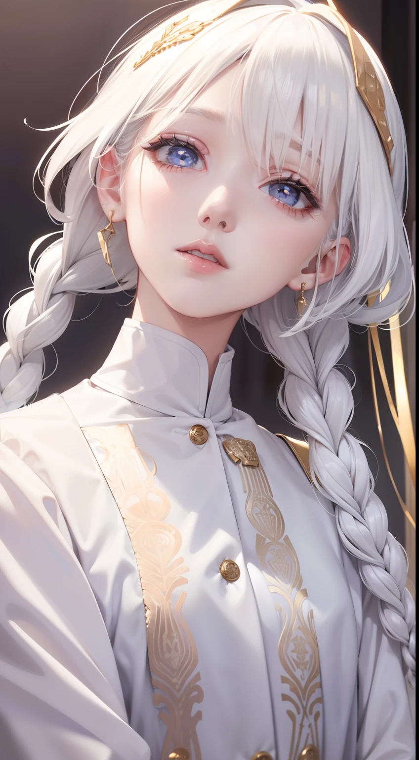 best quality, masterpiece,white hair, gold eyes,white clothes, looking up, upper body,hair strand,Fair skin,side braids