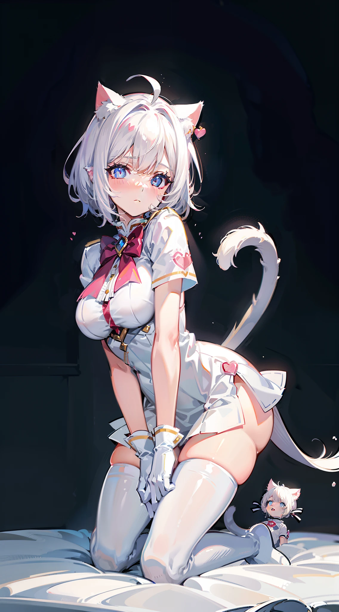 Blush, ((((White color blouse)))),  white long boots, (on top of the bed), Kneeling, D-cups, White hair, ahoge, Heart-shaped pupils, blue color eyes, (((((cat ear))))), is shy，White gloves， torogao, Reflectors, Yandere, anime big breast, Chiaroscuro, Ray tracing, shadowing, hyper HD, Masterpiece, Accurate, Anatomically correct, Textured skin, Super detail, High details, High quality, Award-Awarded, Best quality, A high resolution, 16k，(There is love around you)，((((Tempting))))，Get wet