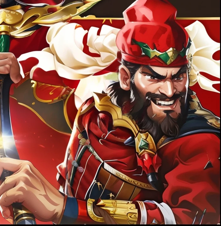 Close-up of bearded man with sword and red hat、Mountain scenery