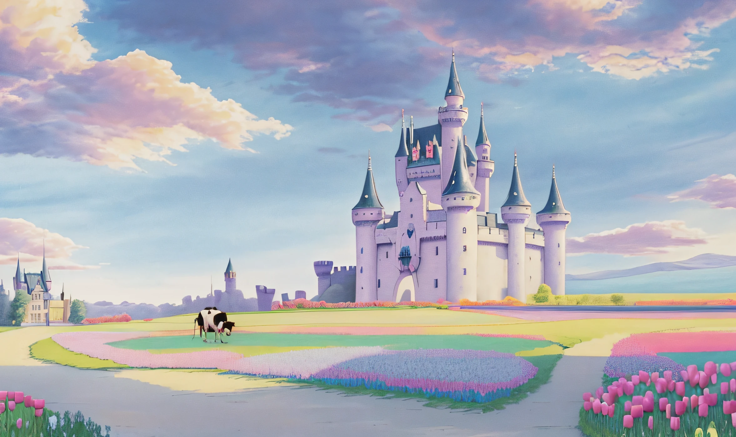 There is a painting of a castle,There is a cow in front, castle setting, palace background, Castle, fairy tale style background, ( castle in background ),, flying cloud castle, castle in distance,Tulips nearby,tulips