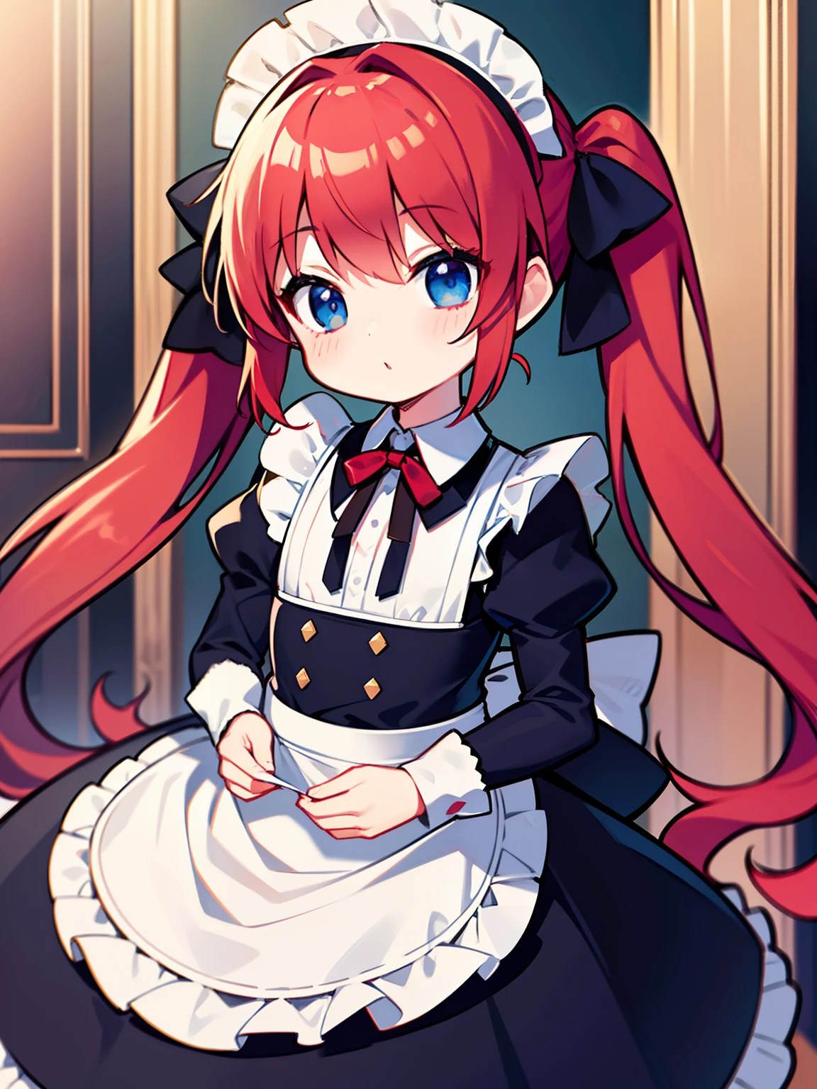 {{best quality}}, {{masterpiece}}, {{ultra-detailed}}, {illustration}, {detailed light}, red hair,blue eyes,twintails,maid, long hair, long sleeves, gothic, solo, li,liirl,cute