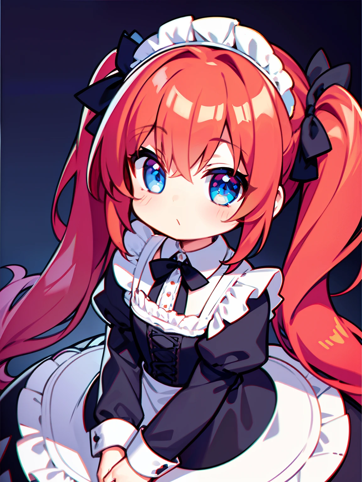 {{best quality}}, {{masterpiece}}, {{ultra-detailed}}, {illustration}, {detailed light}, red hair,blue eyes,twintails,maid, long hair, long sleeves, gothic, solo, loli,little girl,cute