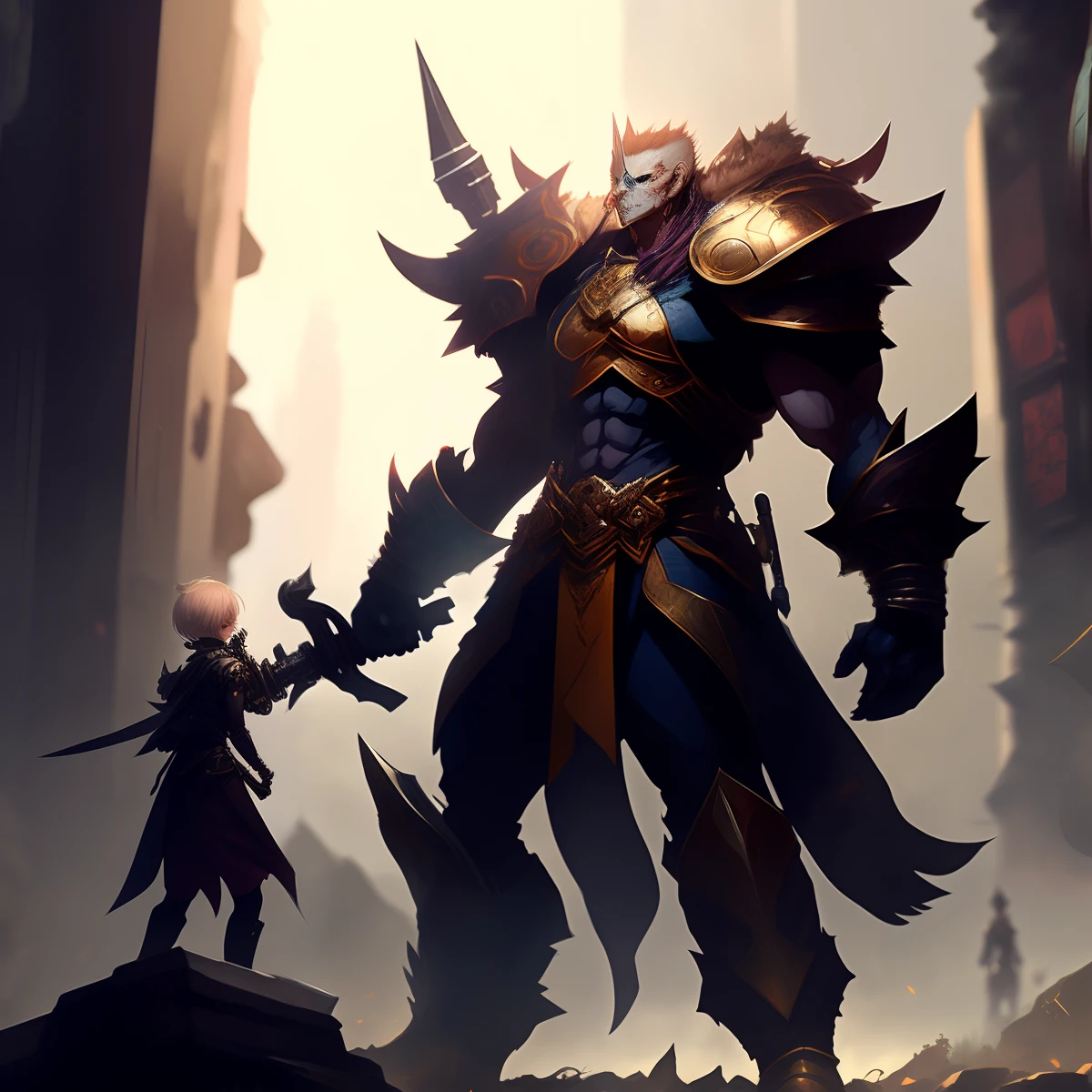 Character with weapons and armor standing in front of a giant demon, badass 8 K, krenz cushart and wenjun lin, high detailed official artwork, key art, key art, magnificent artwork, Detailed key anime art, official anime artwork, anime fantasy artwork, 2. 5 d cgi anime fantasy artwork, hd artwork, anime keyvisual」