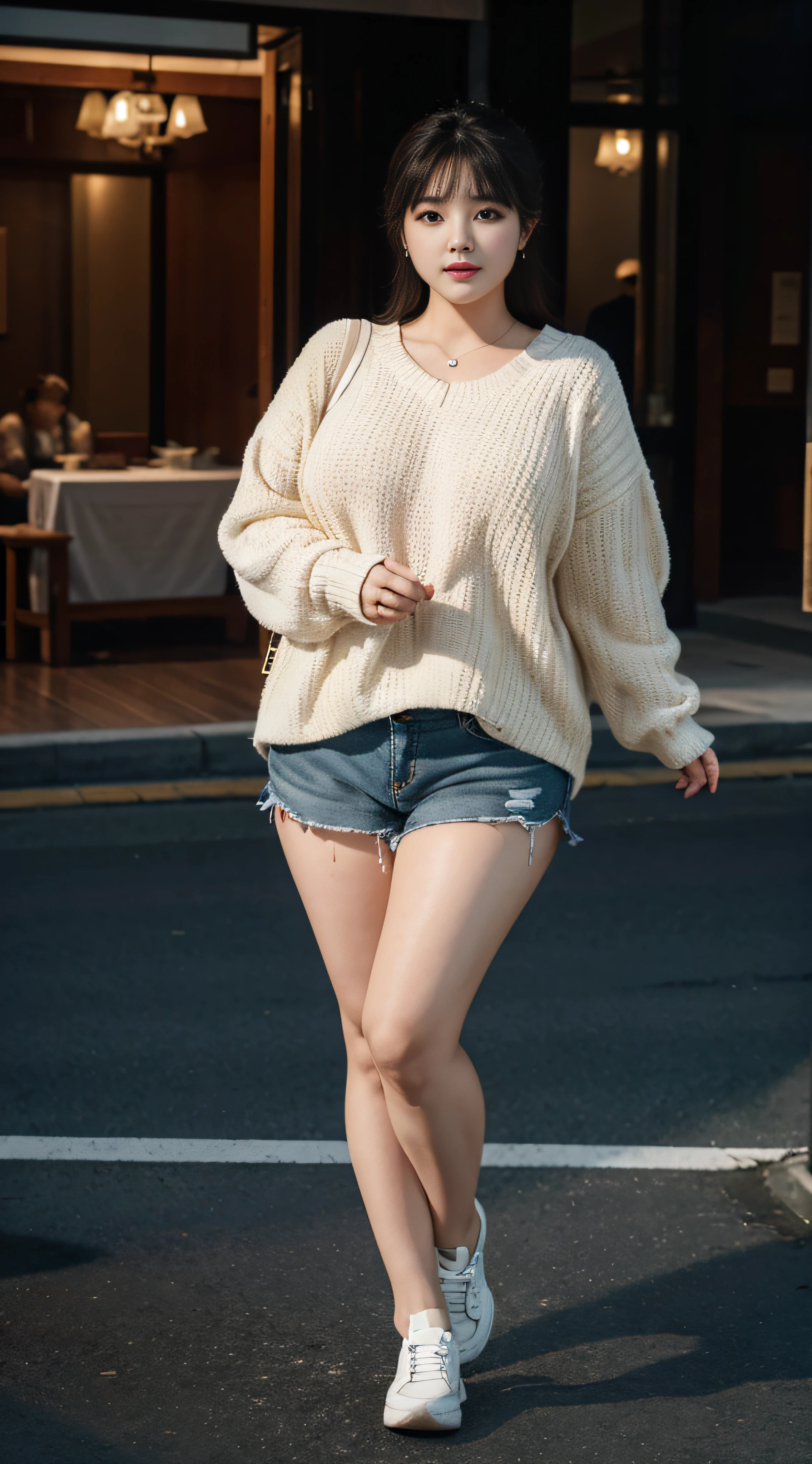 masterpiece、slightly chubby figure、beautiful countenance、tre anatomically correct、Cute casual outfit、Double eyelids、Fancy makeup、独奏、fullllbody、top-quality、4K、clong legs、Textured skin、