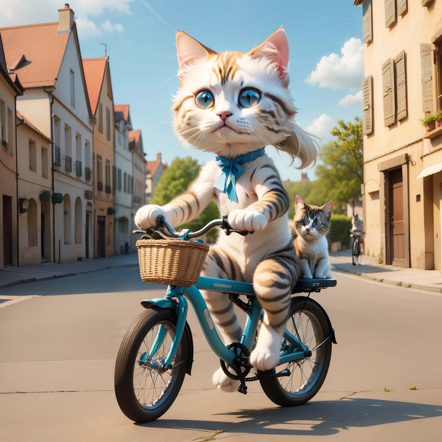 ragdoll cat riding a bicycle like a human, using the two peddles with small kittens in the basket, photo realistic 24k resolution hyper detailed perfect anatomy, outside a French old city background on a sunny day.