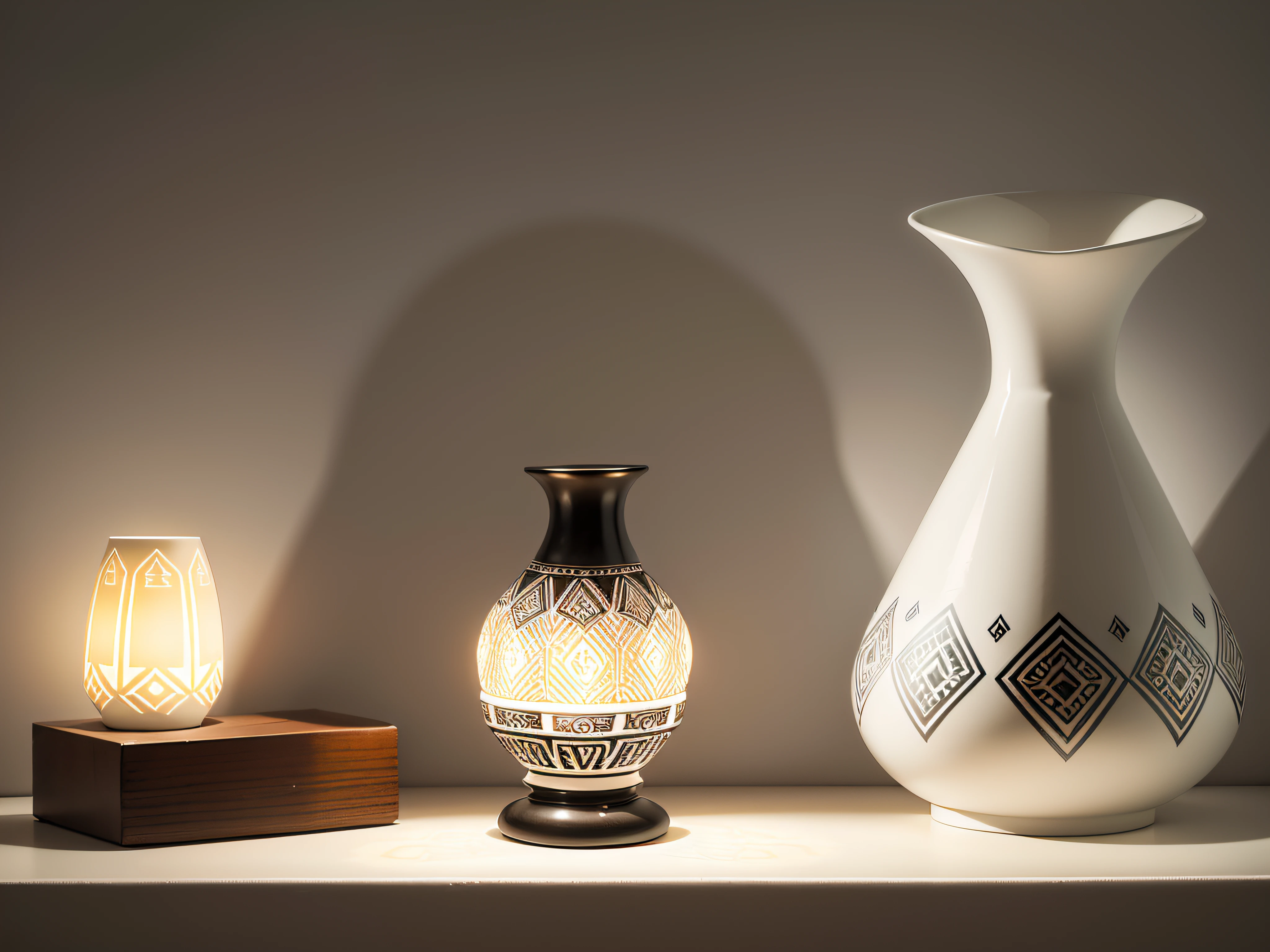 Unique vase, blanco con adornos aztecas dorados sobre fondo oscuro, foco nítido, Complete minimalist lighting.